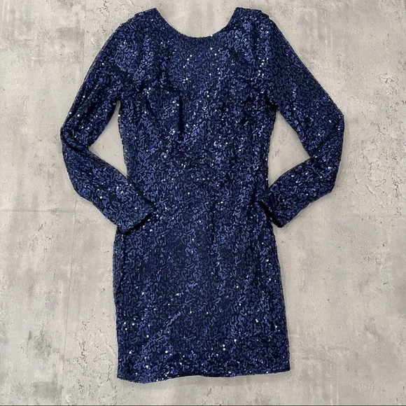 ASOS | Dresses | Navy Blue Club L Asos Cowl Back Sequin Long Sleeve Mini  Dress | Poshmark